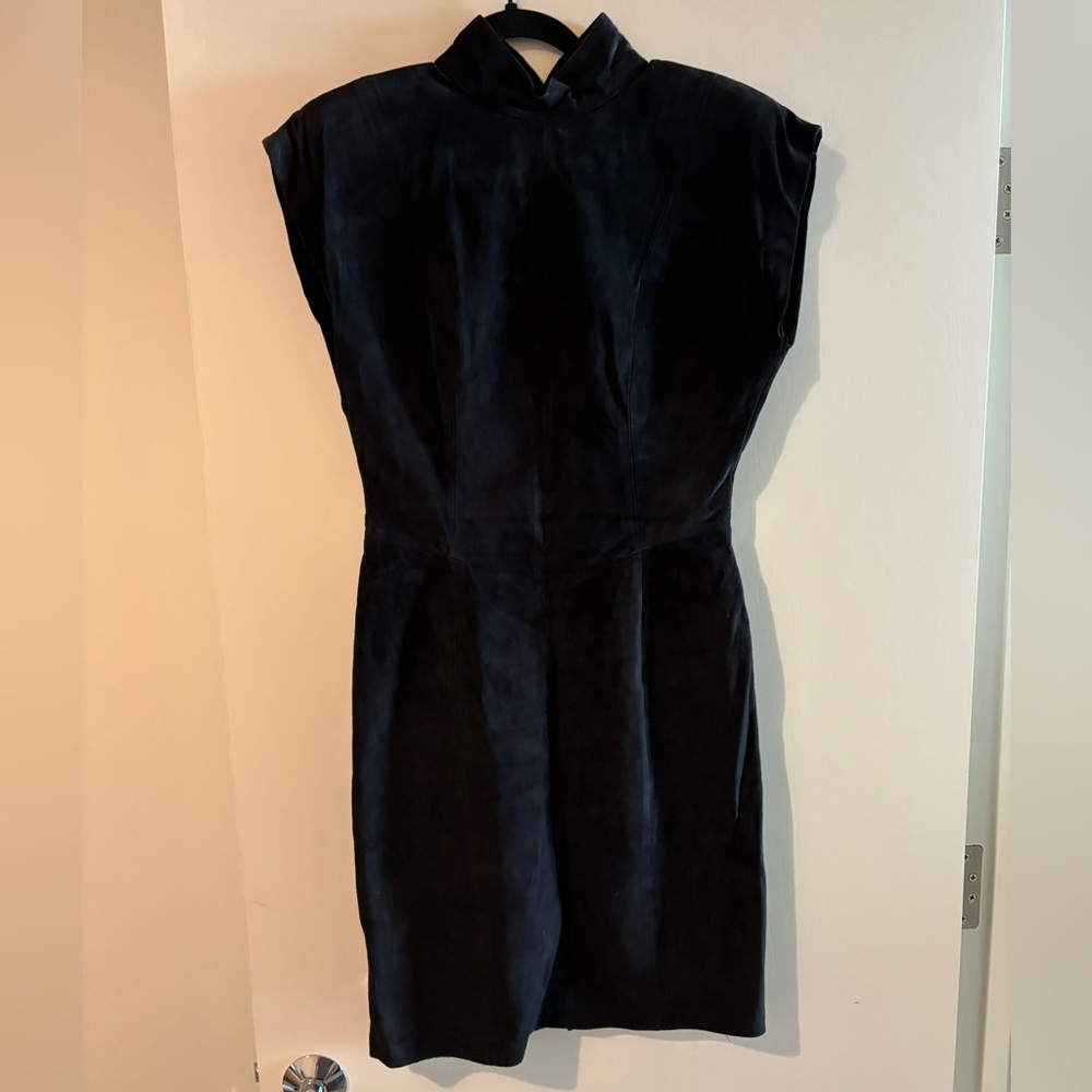 Genuine leather mock-neck mini dress